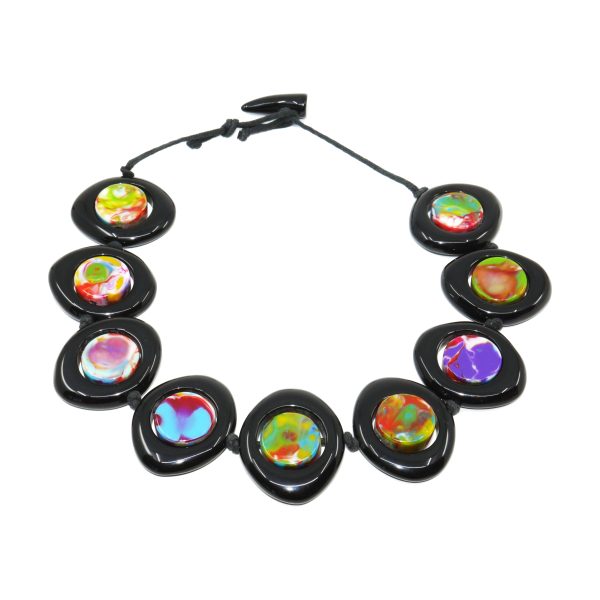 N0060 - RESIN NECKLACE DISK AND CYLINDER ON STRING SHORT "SATURN" 50CM
